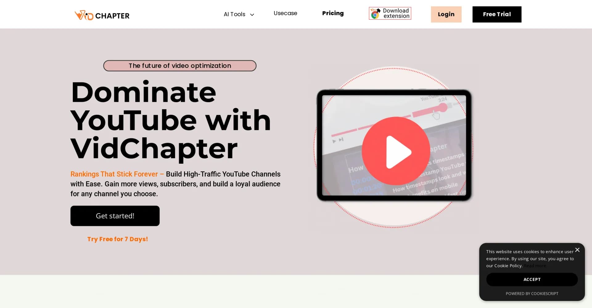 VidChapter homepage screenshot — AI-powered YouTube video optimization in one click