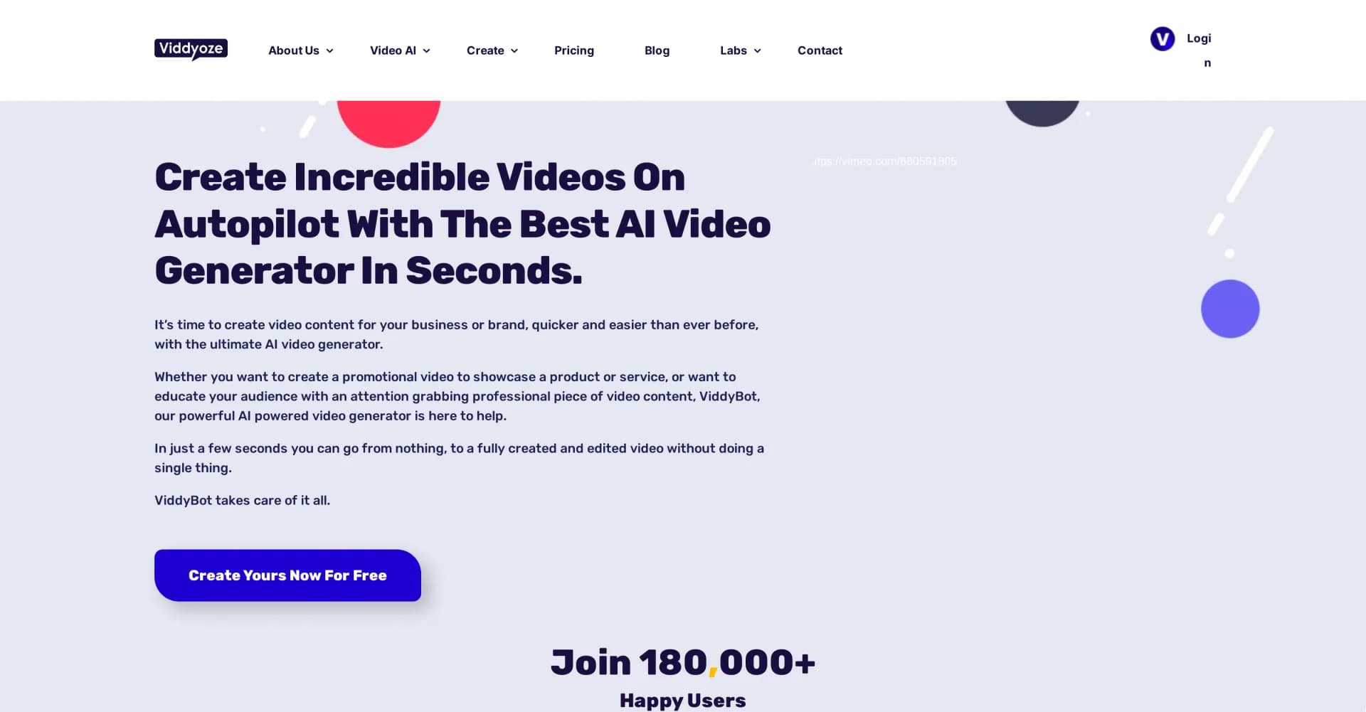 Viddyoze homepage screenshot — Create incredible video content in seconds with AI.