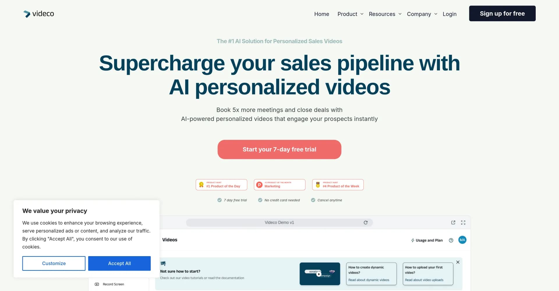Videco homepage screenshot — AI-powered personalized interactive videos to boost sales