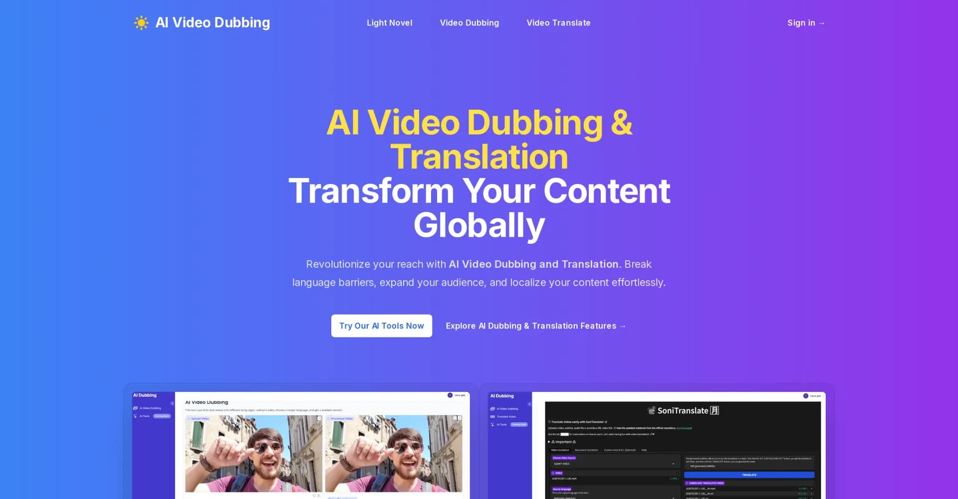 Video AI Dubbing homepage screenshot — Transform videos into any language with AI dubbing.