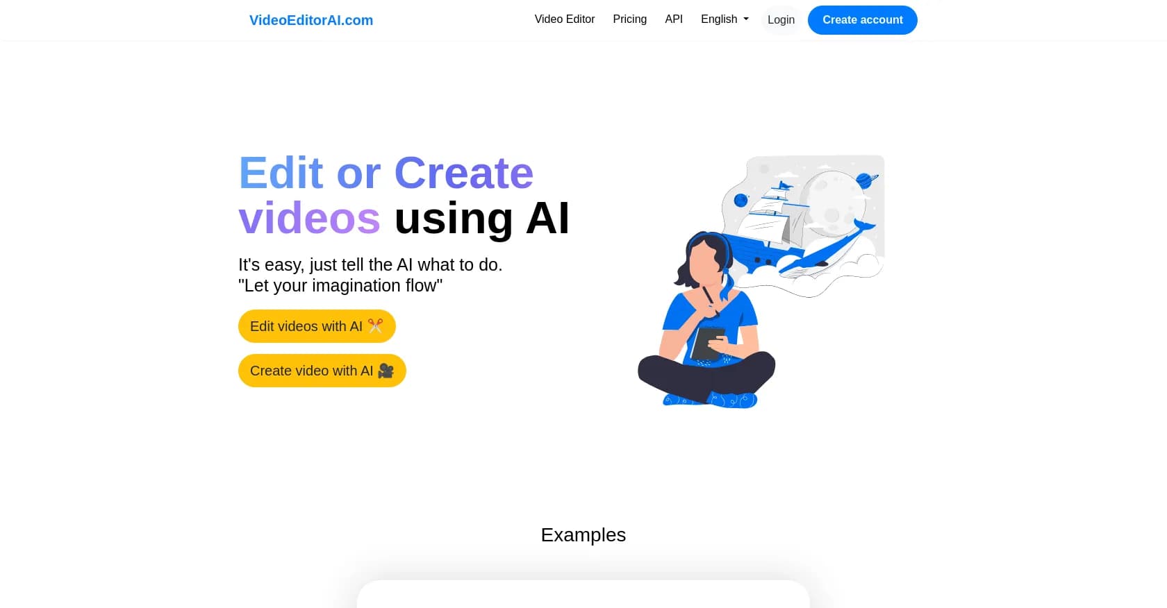 Video Editor AI homepage screenshot — Edit or create videos with AI commands.