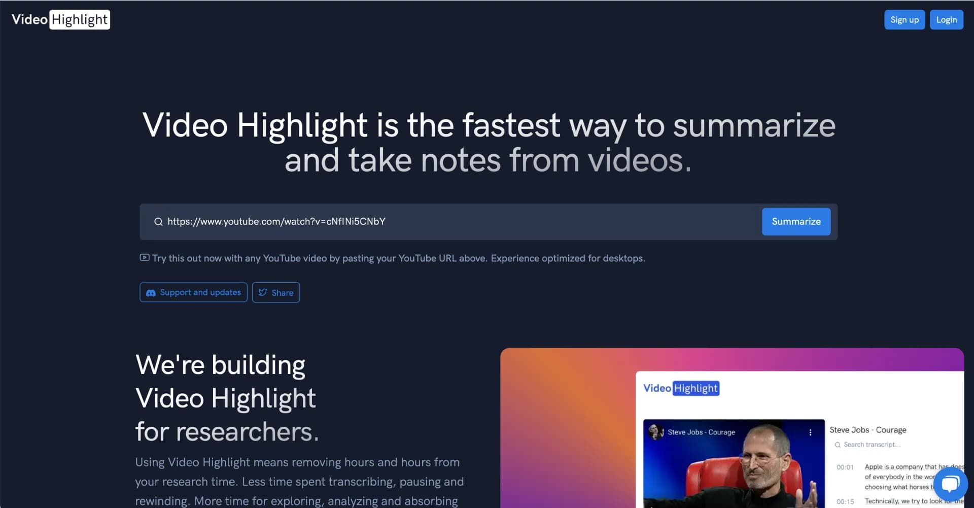 Video Highlight homepage screenshot — Summarize and take notes from videos instantly.