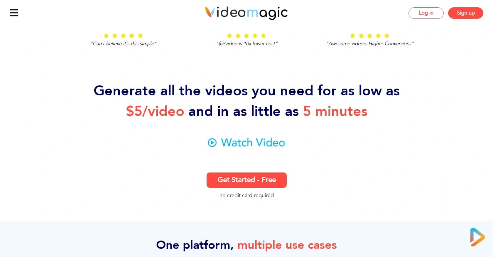 Video Magic homepage screenshot — Generate awesome videos in 5 minutes for $5.