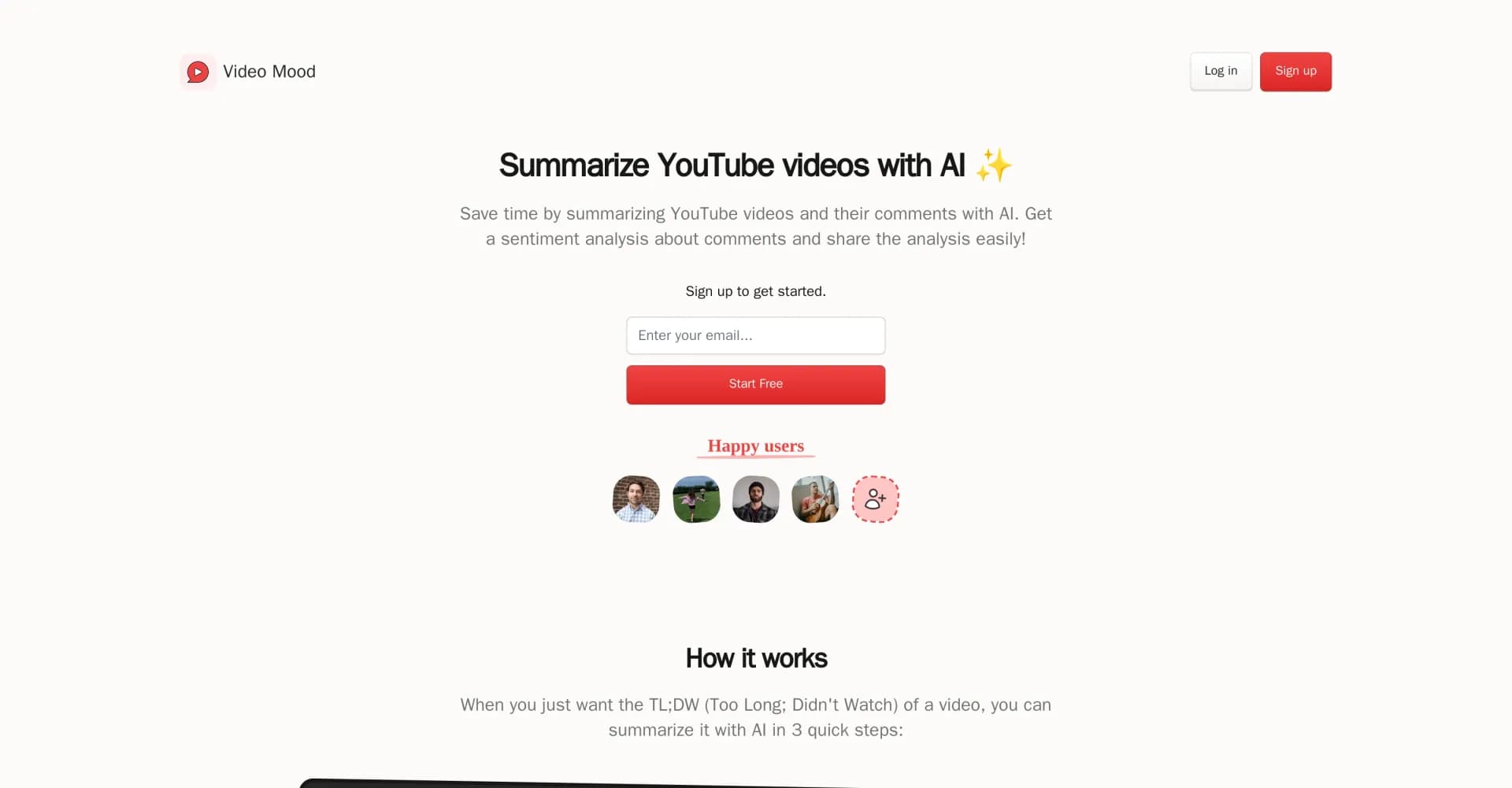 Video Mood homepage screenshot — Summarize YouTube videos and comments with AI