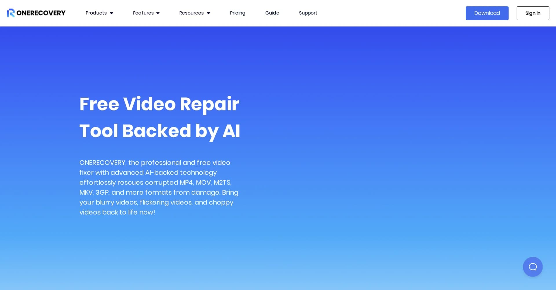 Video Repair by Onerecovery homepage screenshot — AI-powered video repair for any corruption issue.