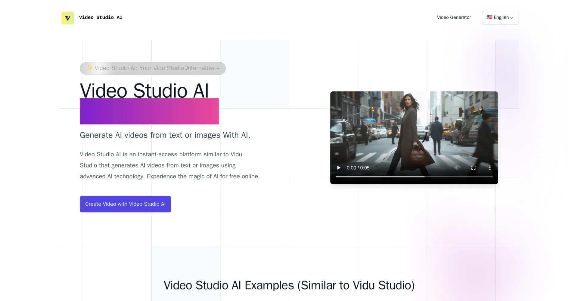 Video Studio AI homepage screenshot — Generate AI videos from text or images instantly