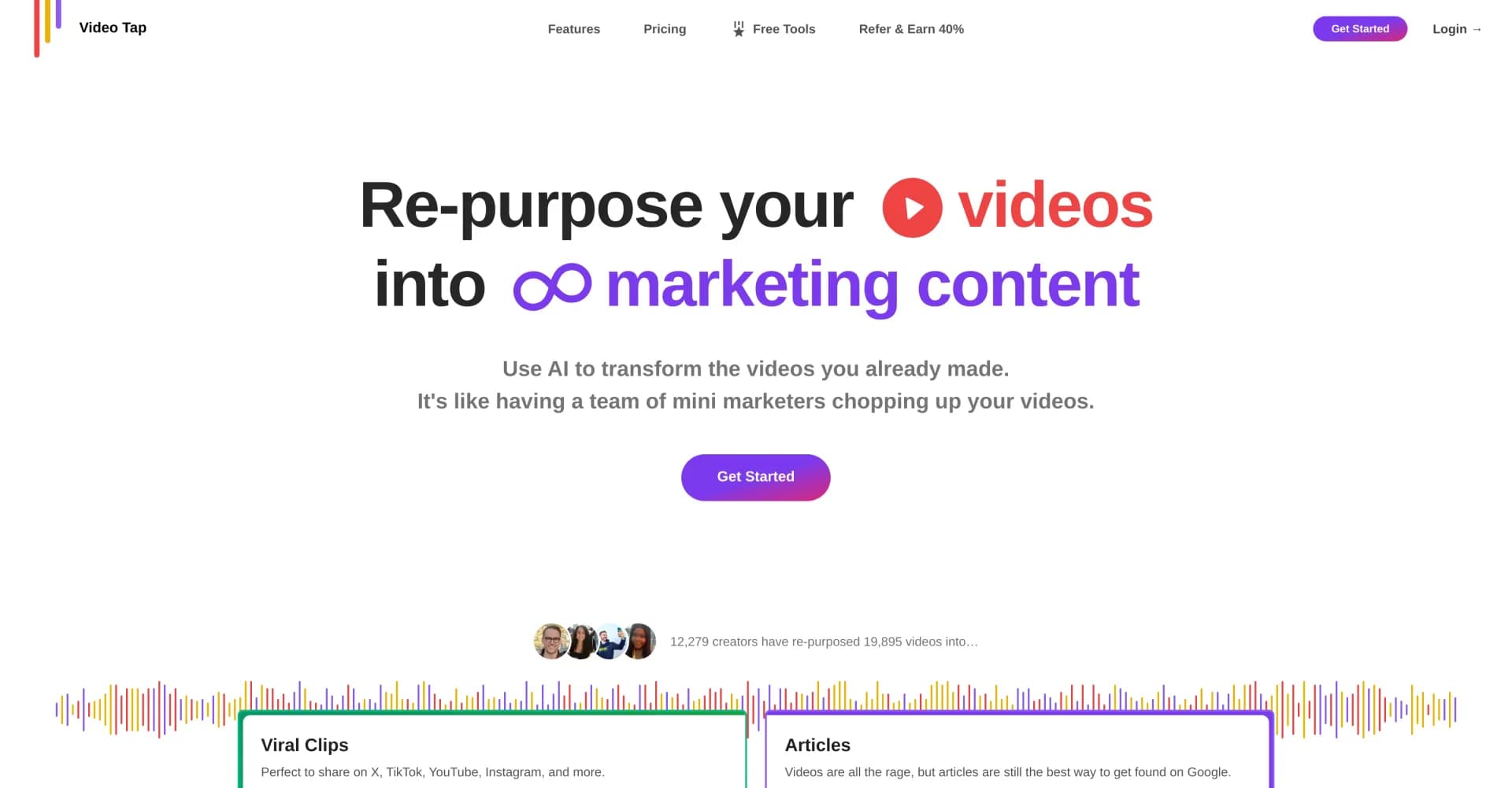 Video Tap homepage screenshot — Unlock your videos' potential across platforms.