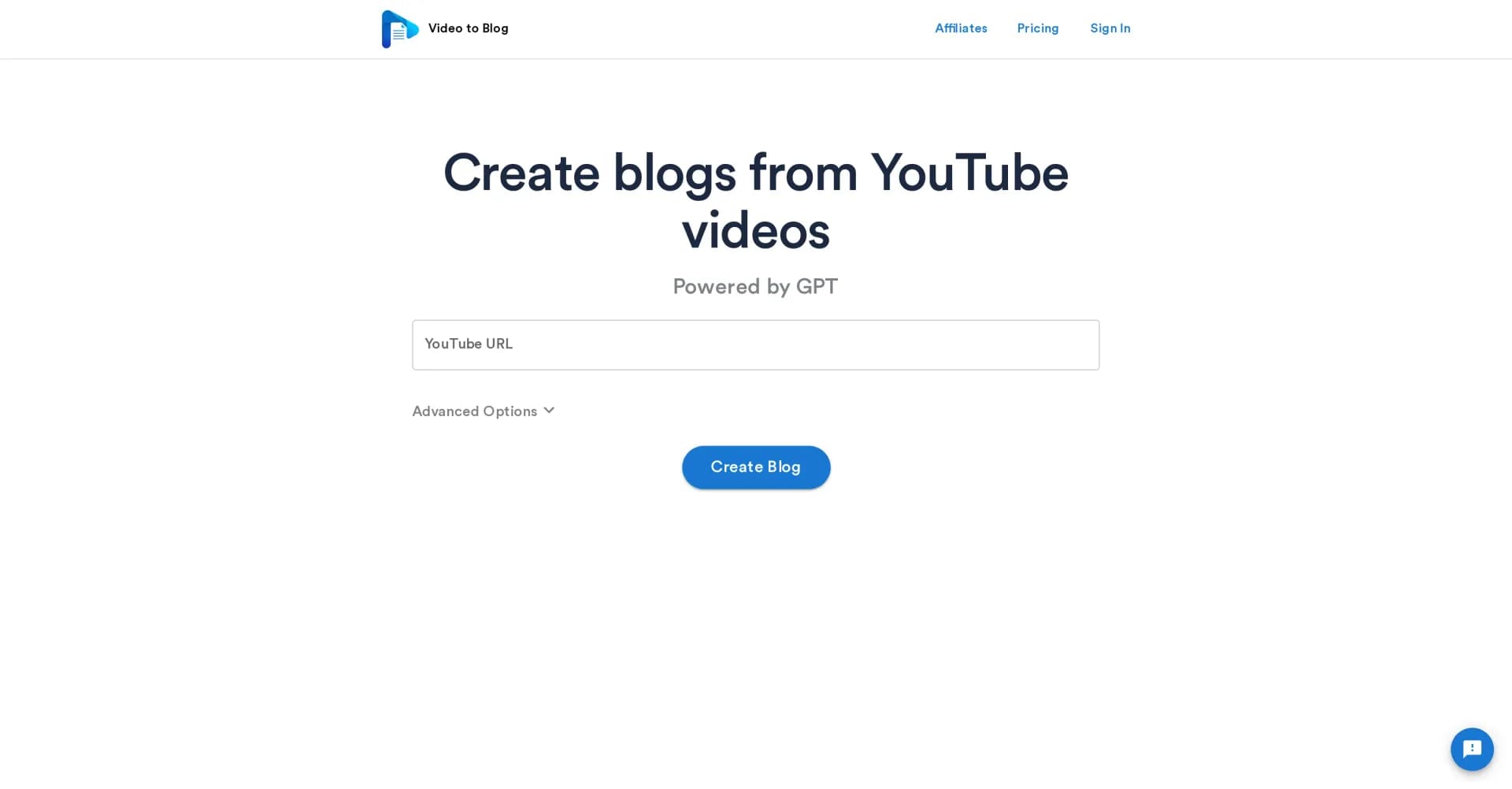 Video To Blog homepage screenshot — Create amazing blog content from YouTube videos.