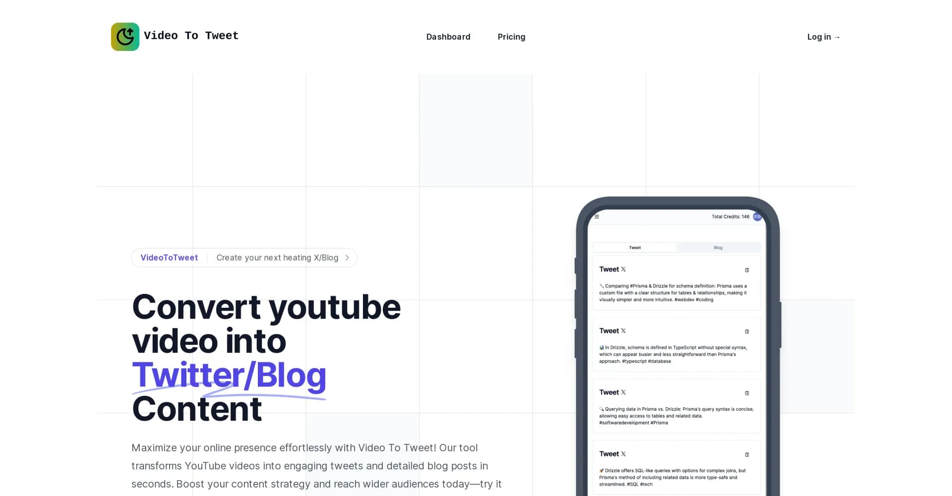 Video To Tweet homepage screenshot — Convert YouTube videos into tweets and blog posts instantly.