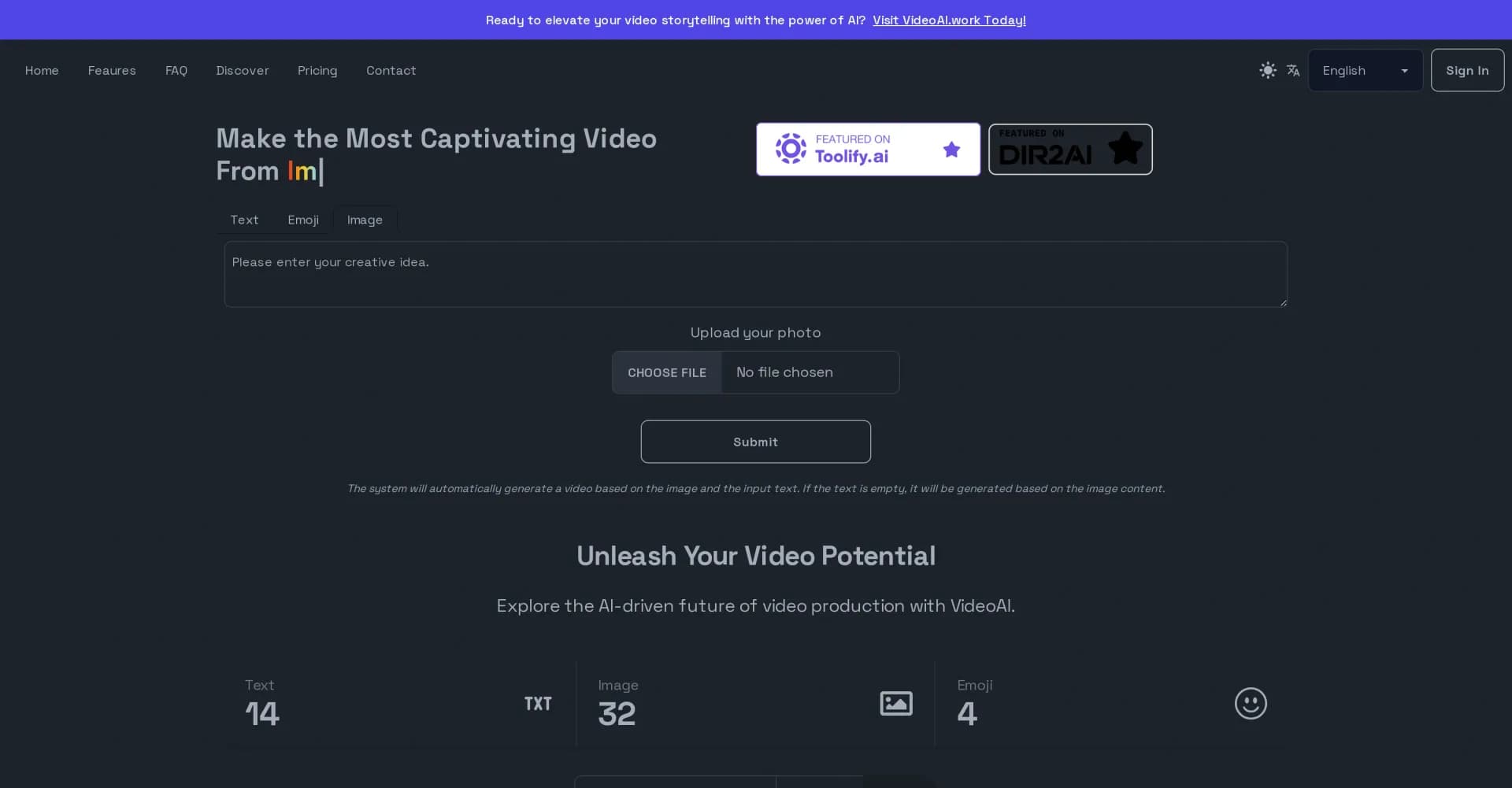 VideoAI homepage screenshot — Turn ideas into captivating videos with AI.