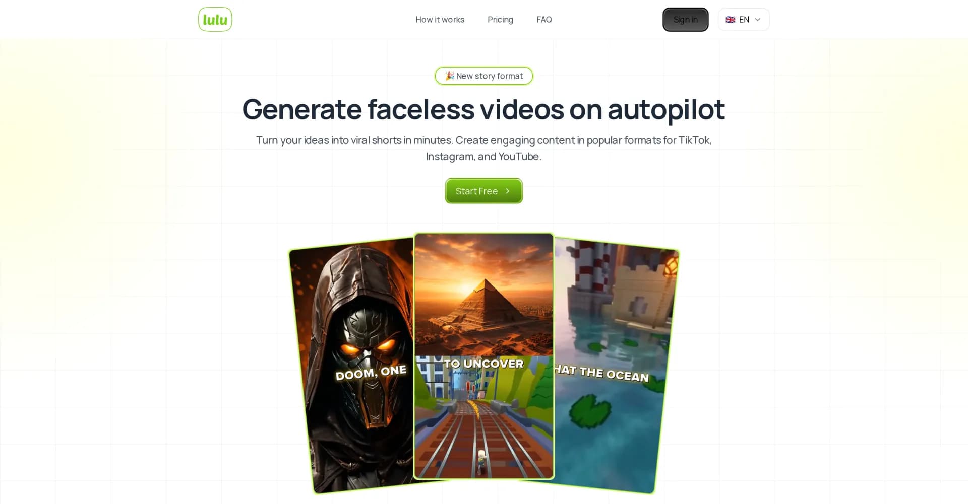 Videolulu homepage screenshot — Turn ideas into viral shorts instantly