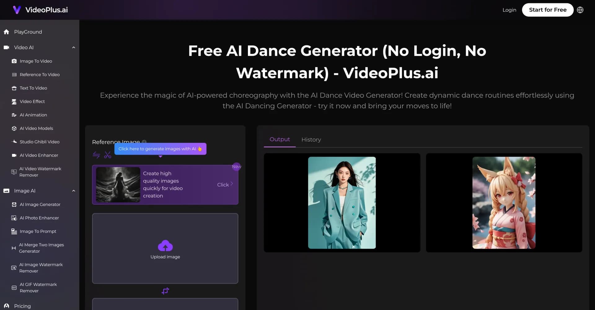 AI Dance Generator homepage screenshot — Bring Your Dance Visions to Life with AI Video Creation