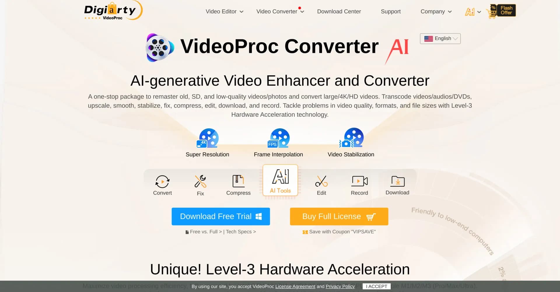 VideoProc Converter homepage screenshot — Enhance, convert, compress, and edit videos with AI power.