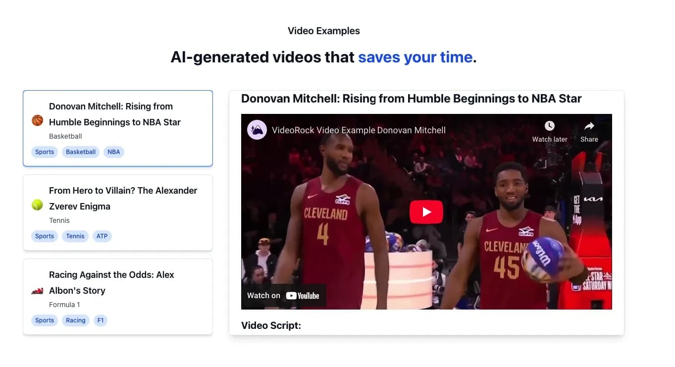 VideoRock AI homepage screenshot — Ai that find footage for your script