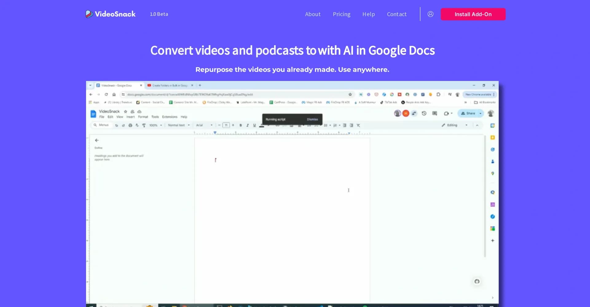 VideoSnack homepage screenshot — Convert videos to blog posts with AI in Google Docs