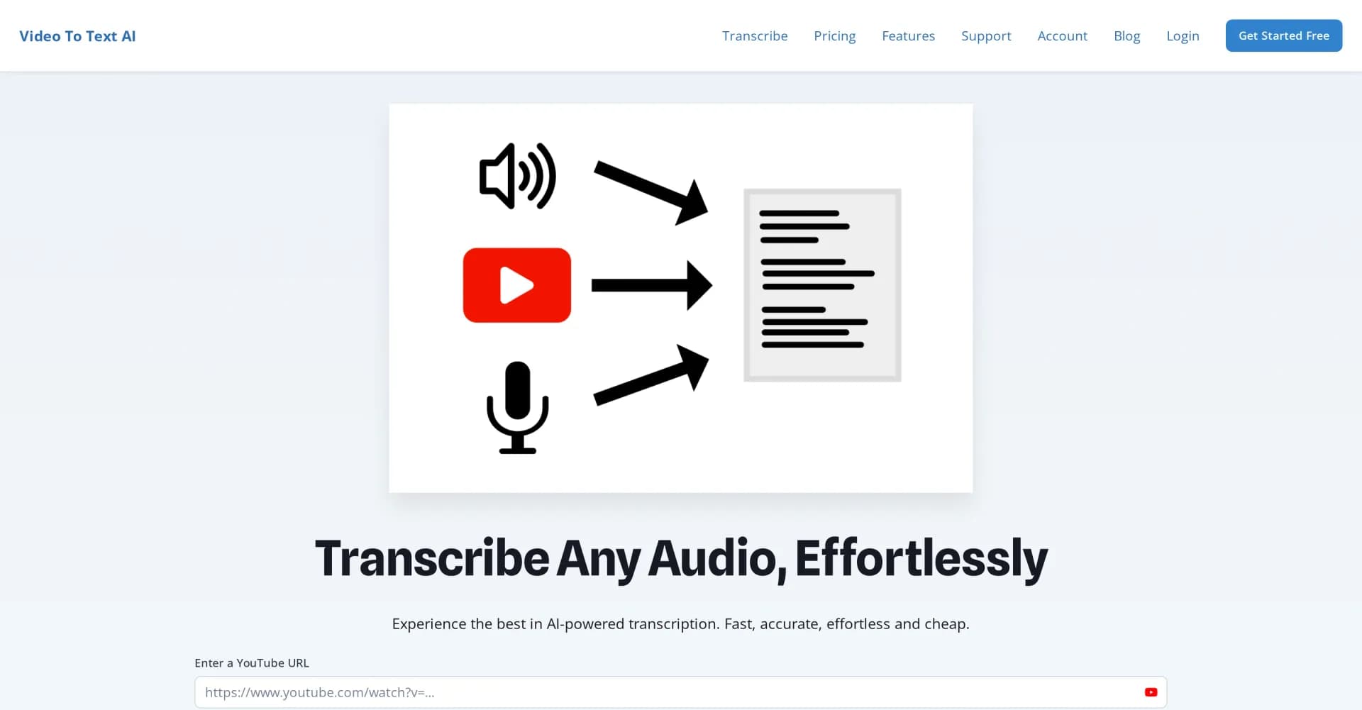 VideoToTextAI homepage screenshot — Transcribe any audio effortlessly with AI.