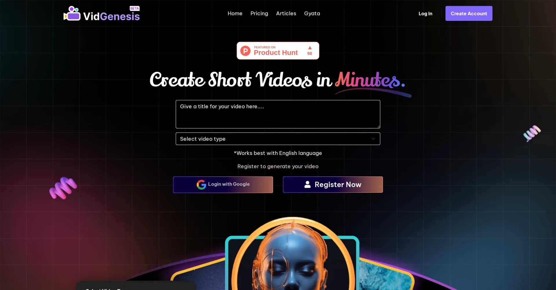 VidGenesis homepage screenshot — Turn ideas into pro videos instantly