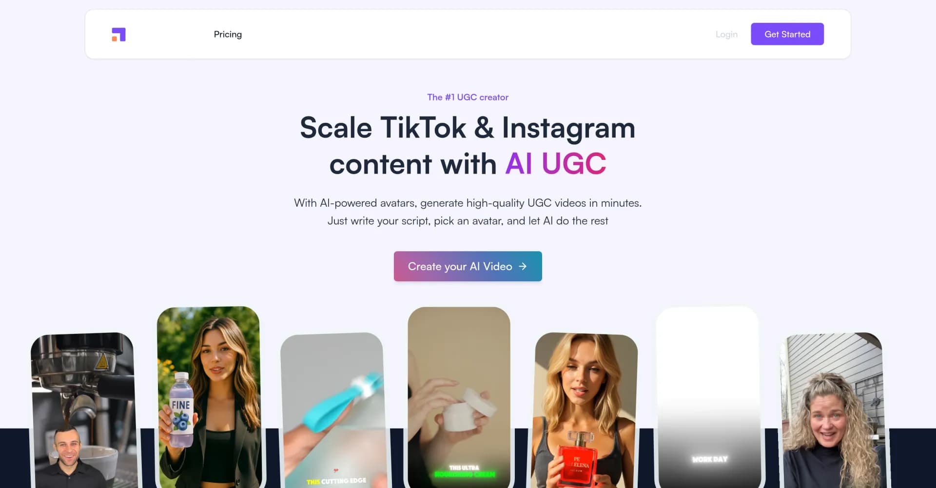 VidMe homepage screenshot — Scale social content with AI-generated UGC videos.