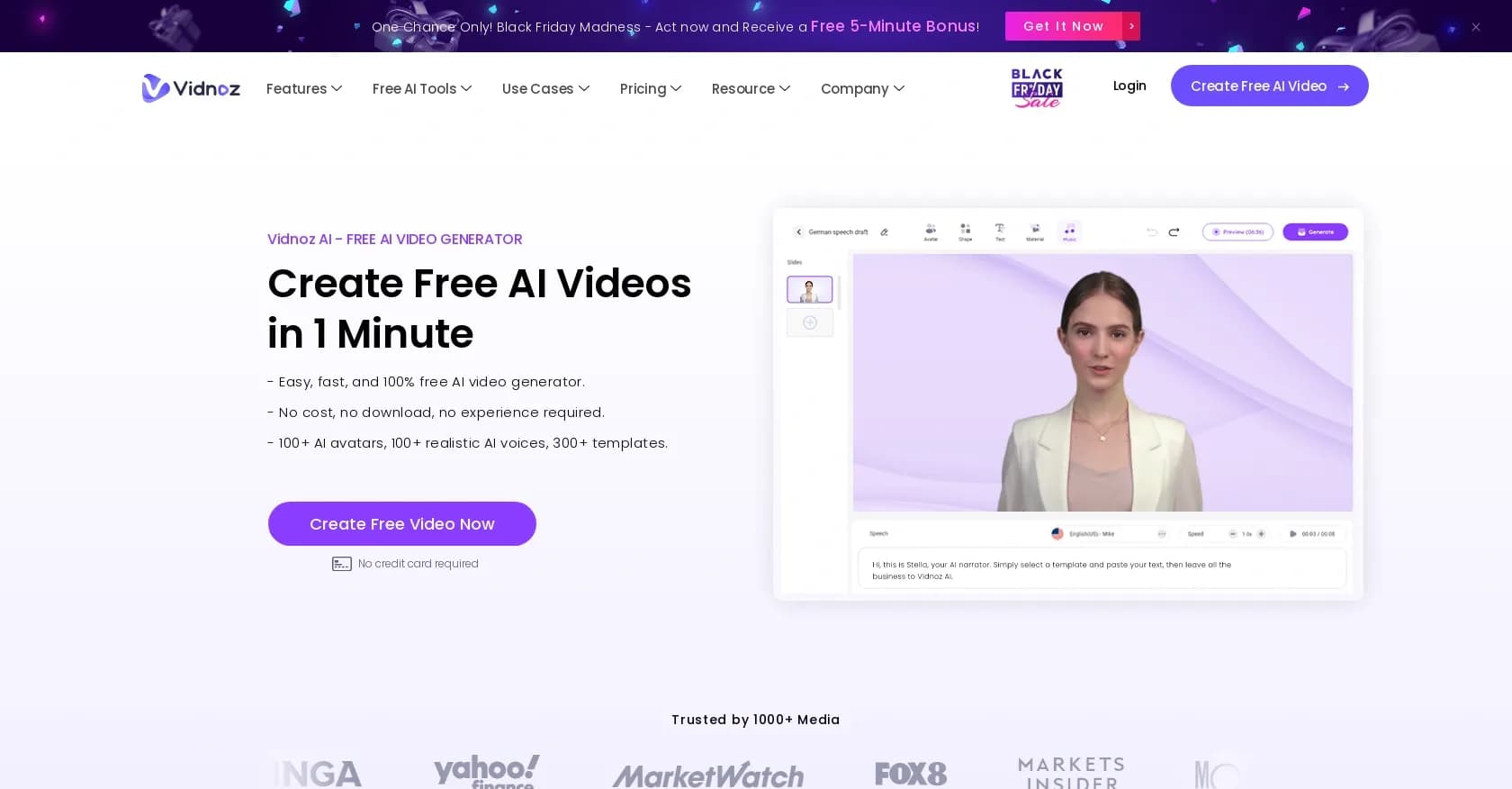 Vidnoz homepage screenshot — Create engaging AI videos 10X faster, for free.