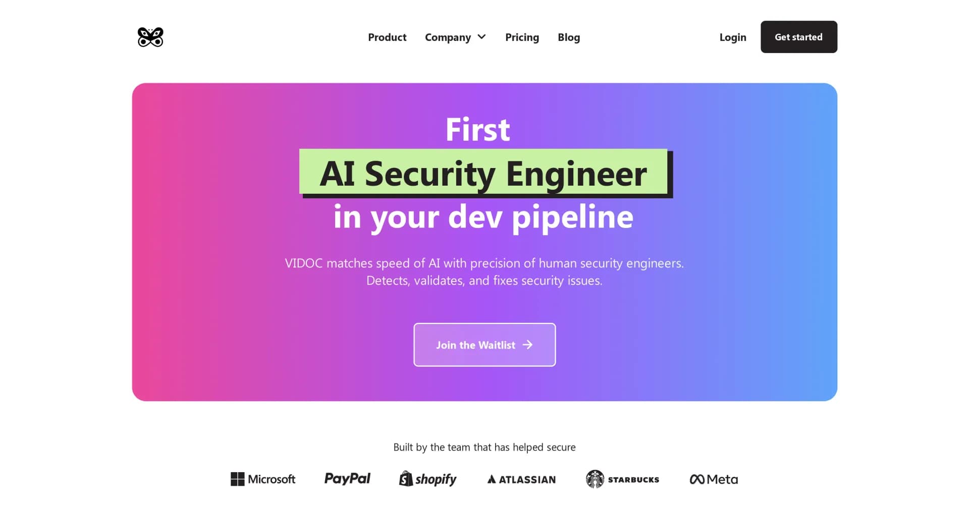 VIDOC homepage screenshot — AI Security Engineer in your dev pipeline