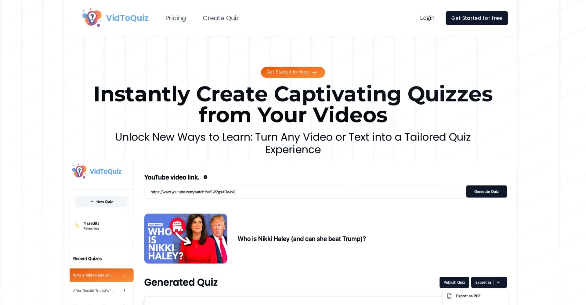 VidToQuiz homepage screenshot — Instantly create captivating quizzes from your videos.