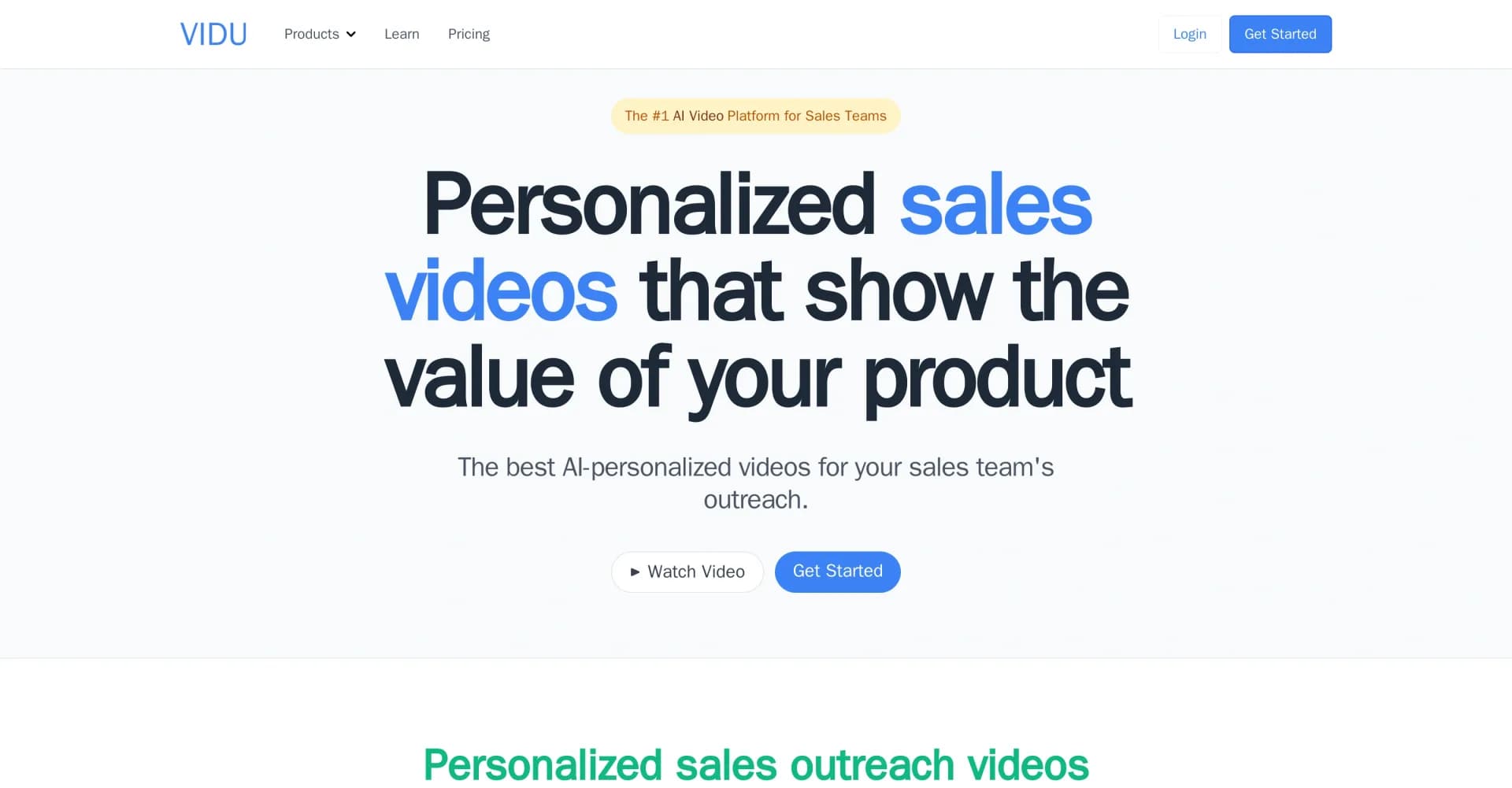 Vidu.io homepage screenshot — AI-generated personalized videos for sales outreach.