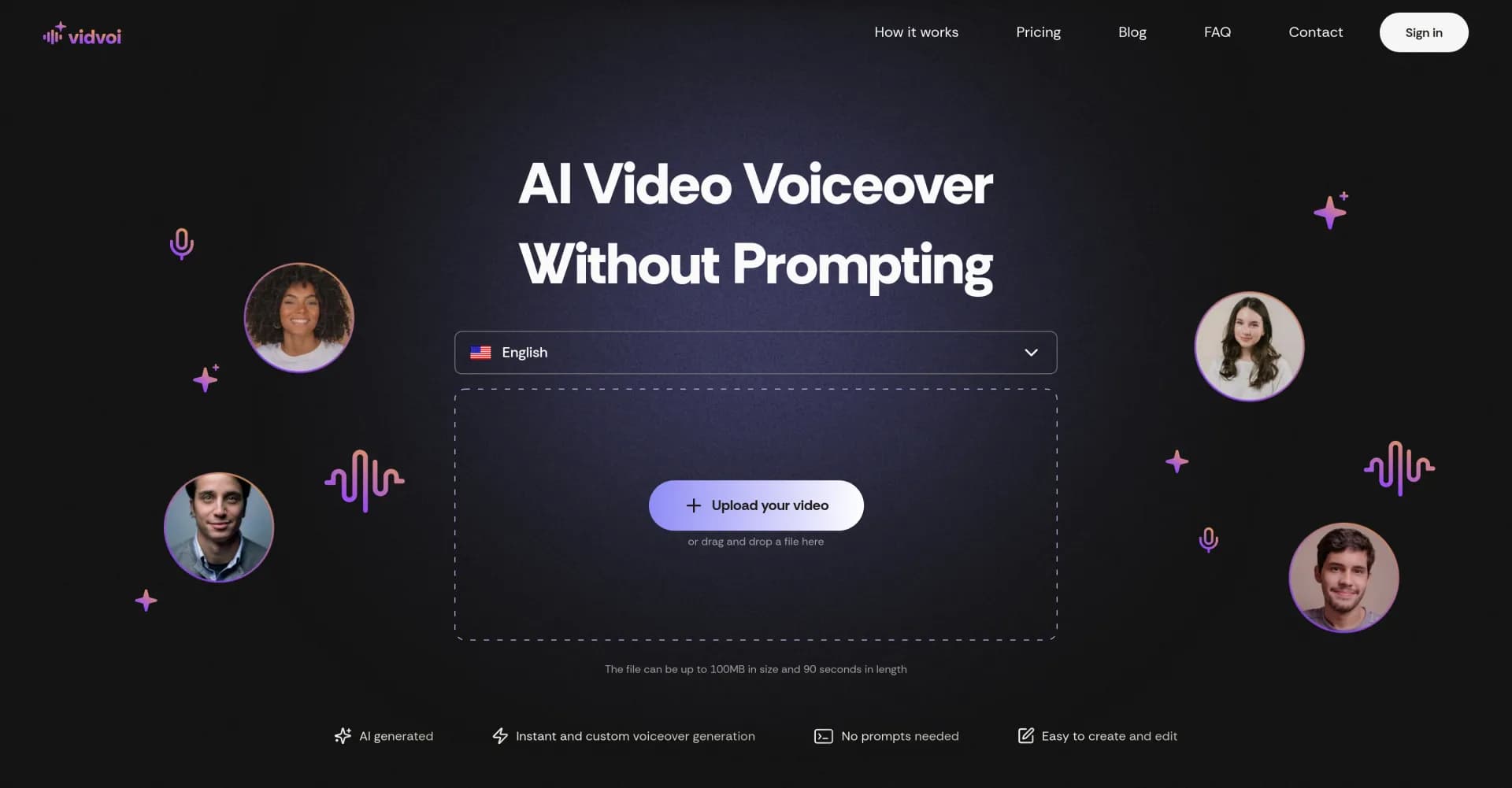 Vidvoi AI Voiceover Generator homepage screenshot — AI video voiceover without prompting