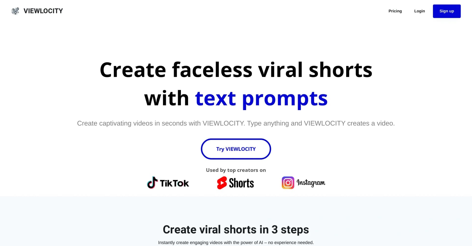 VIEWLOCITY homepage screenshot — Turn text prompts into viral shorts instantly.
