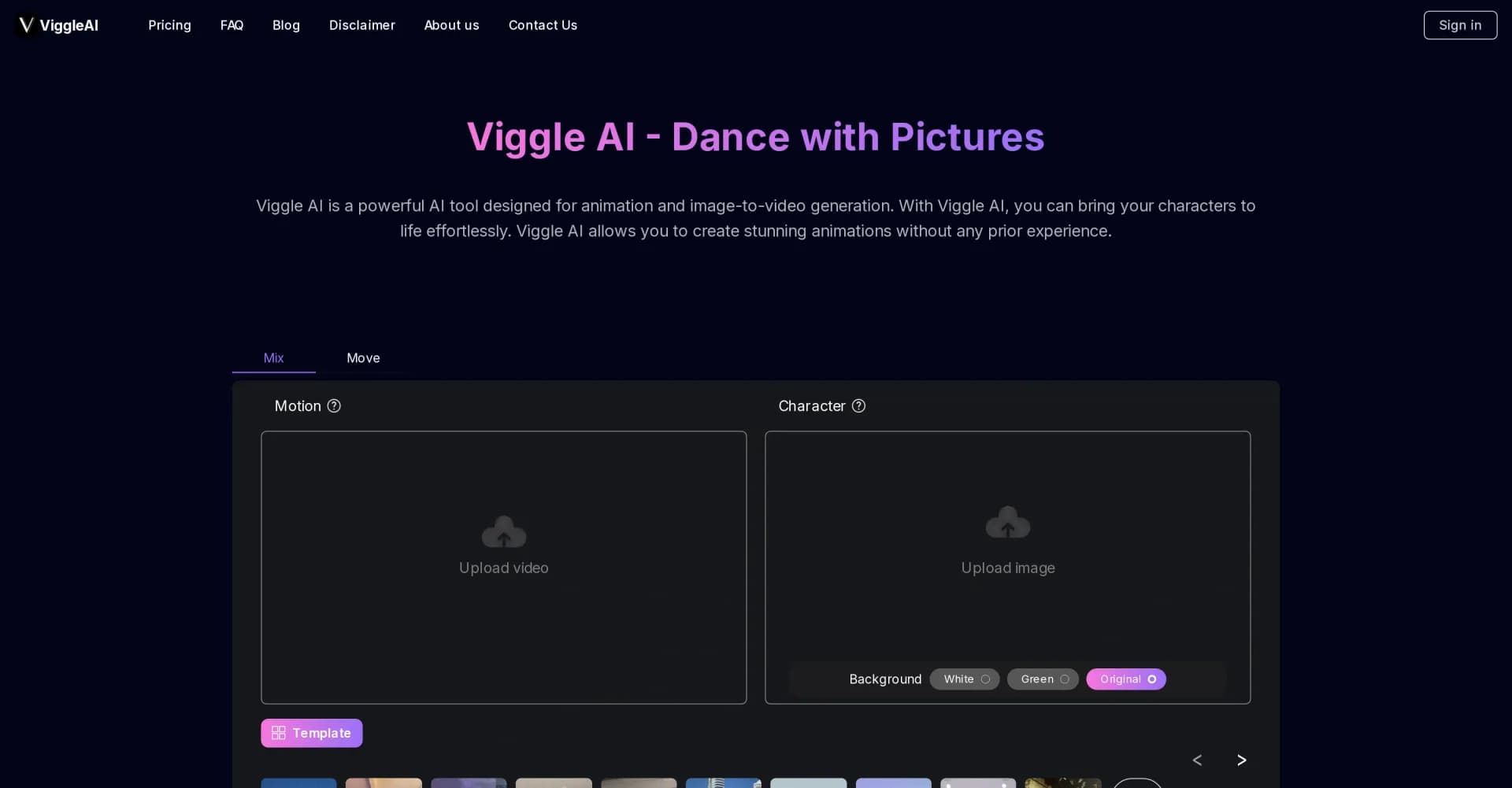 Viggle AI homepage screenshot — Animate characters and create videos with AI