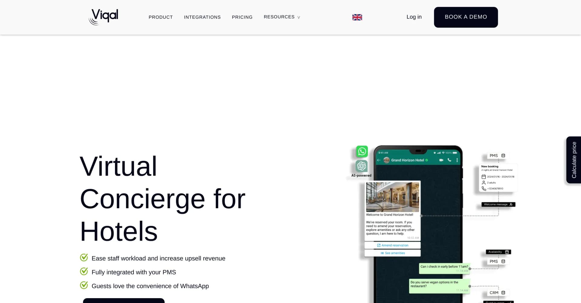 Viqal's Virtual Concierge homepage screenshot — Automate hotel guest messaging with AI-powered WhatsApp conc