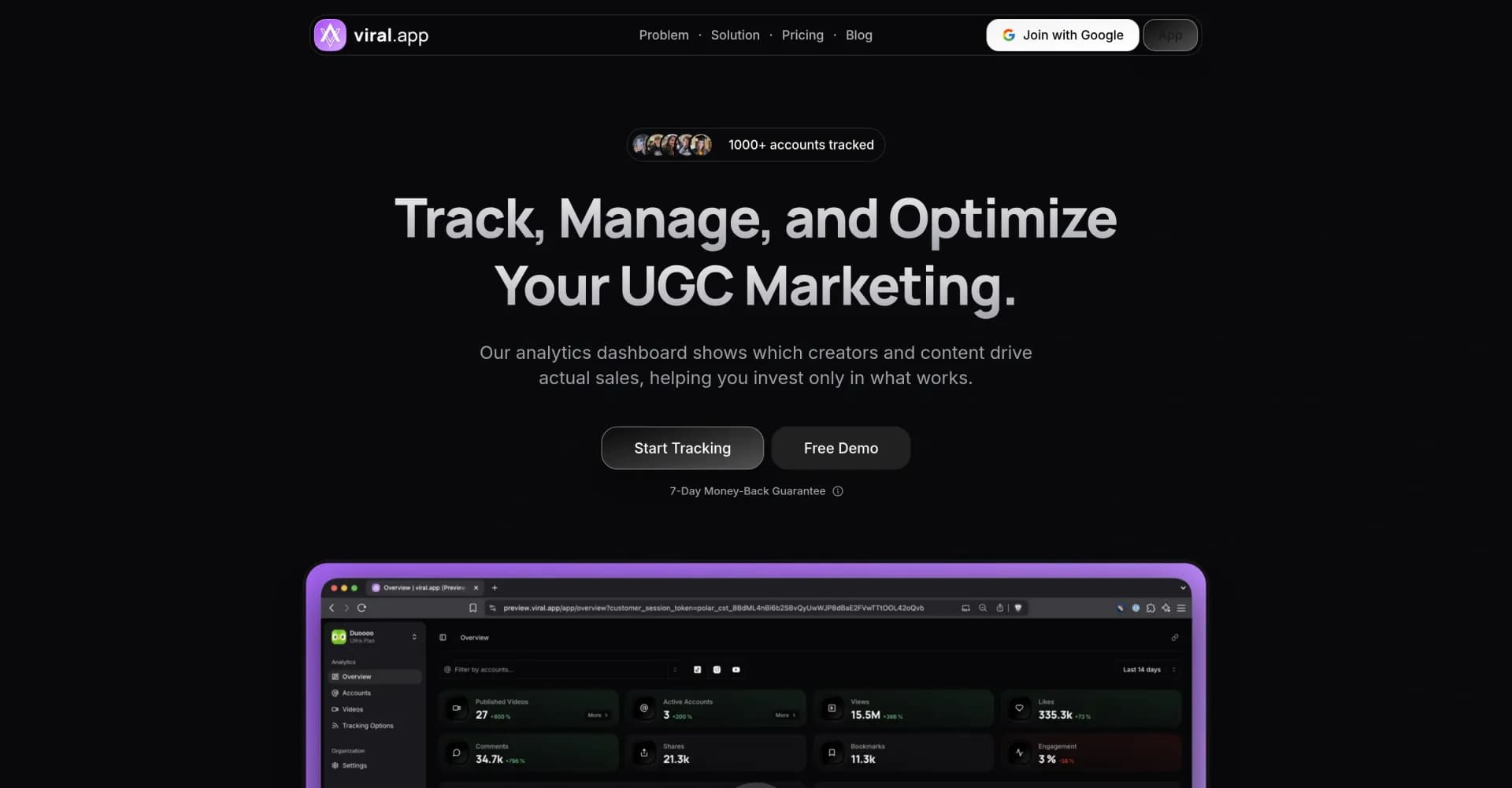 viral.app homepage screenshot — Track, manage, and optimize your UGC marketing.