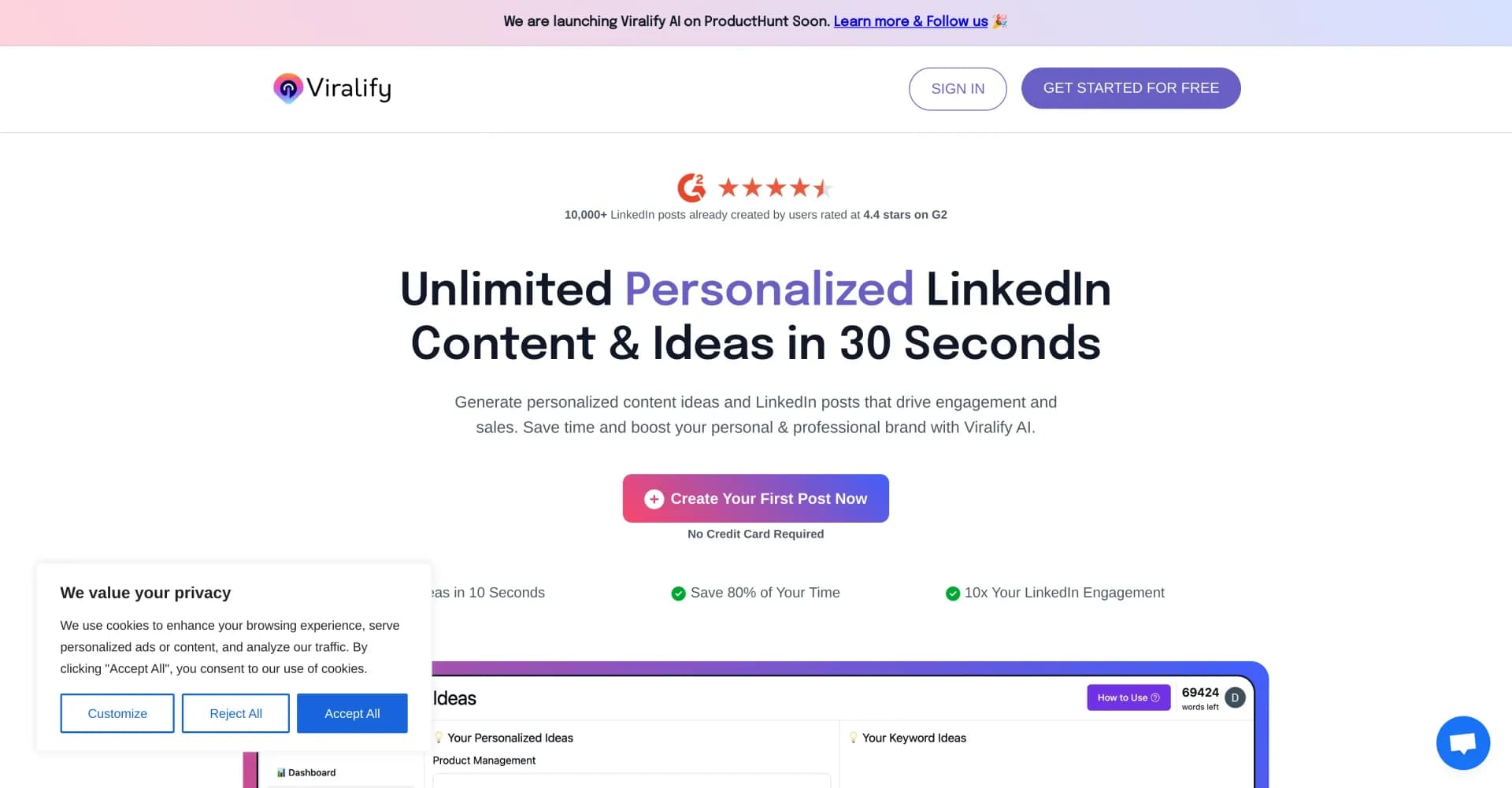 Viralify AI homepage screenshot — Generate personalized LinkedIn content in seconds