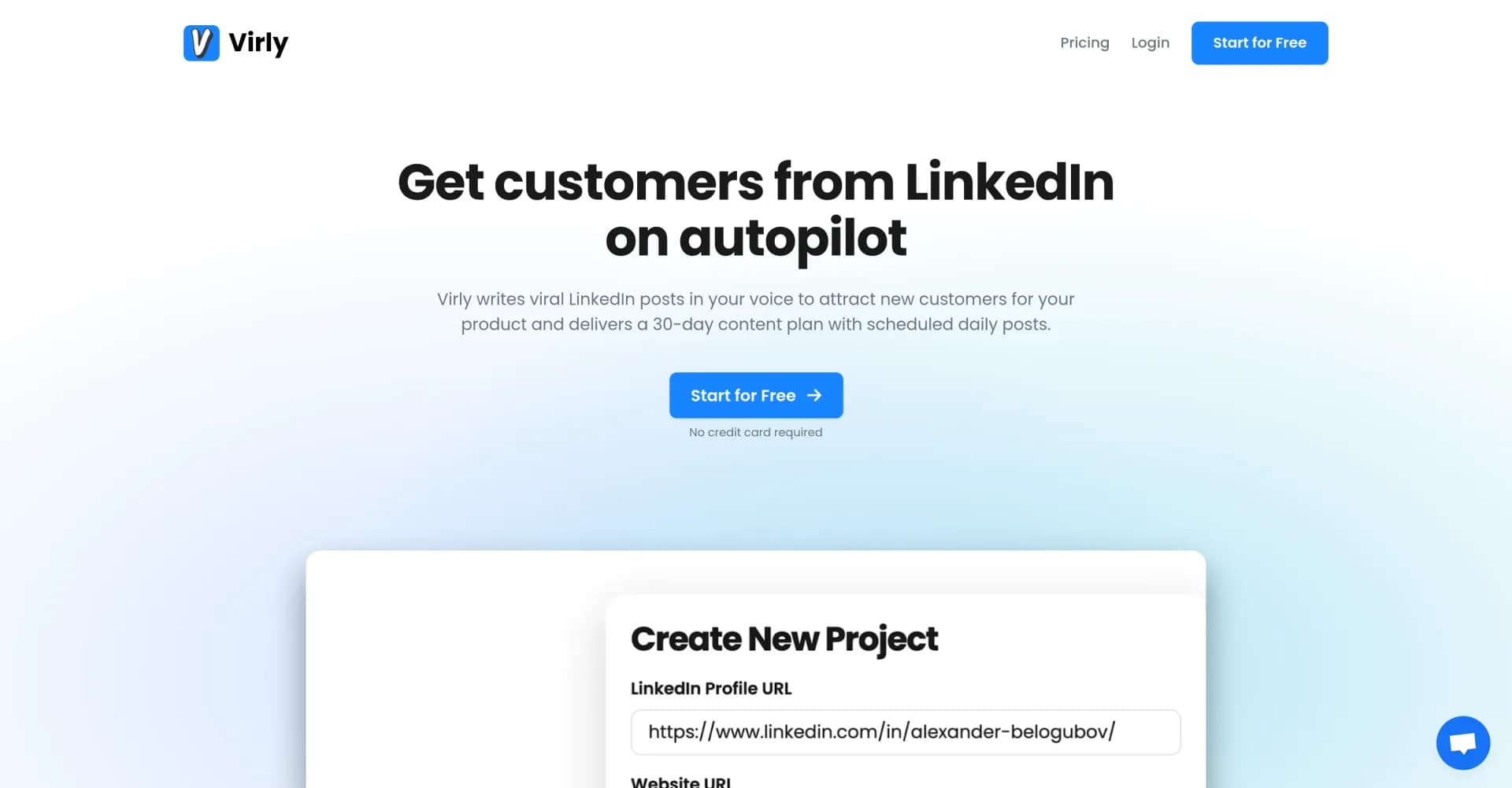 Virly homepage screenshot — Get customers from LinkedIn on autopilot