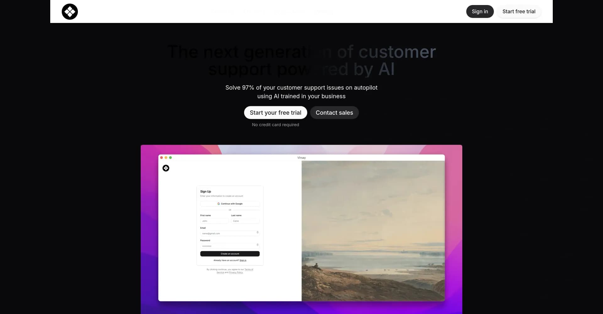 Virsay homepage screenshot — AI-powered customer support assistant