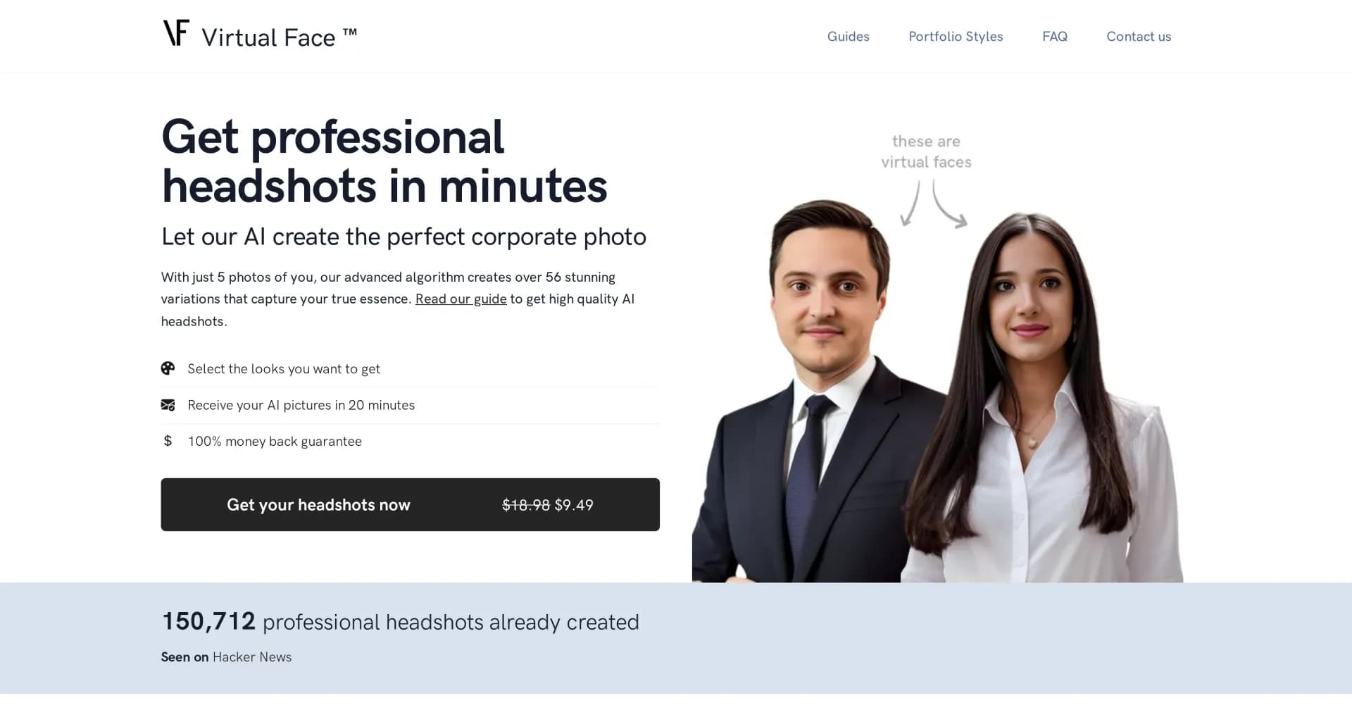 Virtual Face homepage screenshot — AI-powered professional headshots in minutes