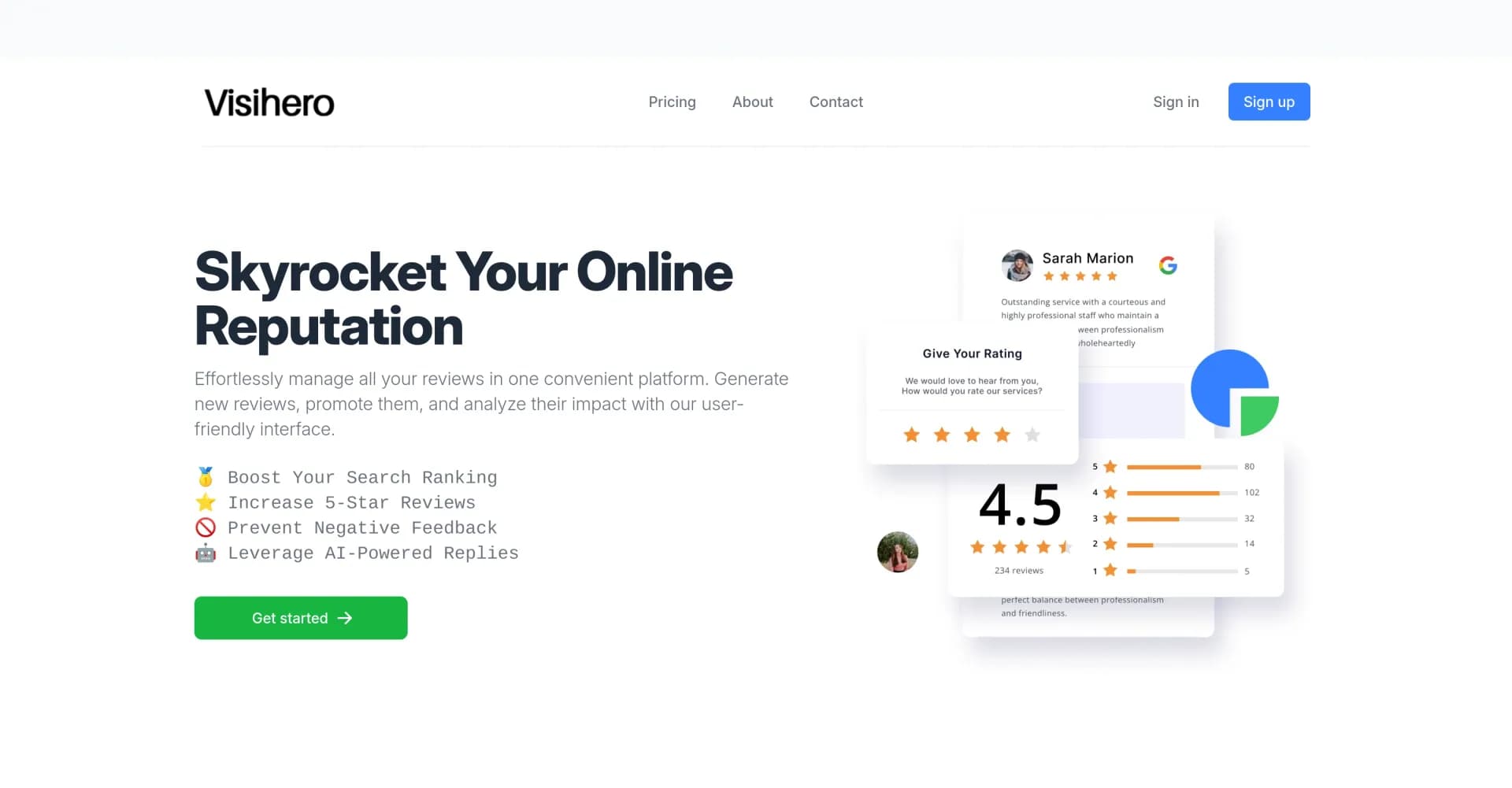 Visihero homepage screenshot — Skyrocket your online reputation with AI-powered review mana