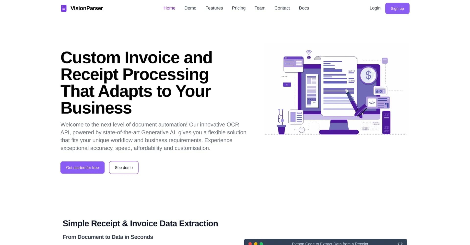 VisionParser homepage screenshot — Transform receipts and invoices into instant data