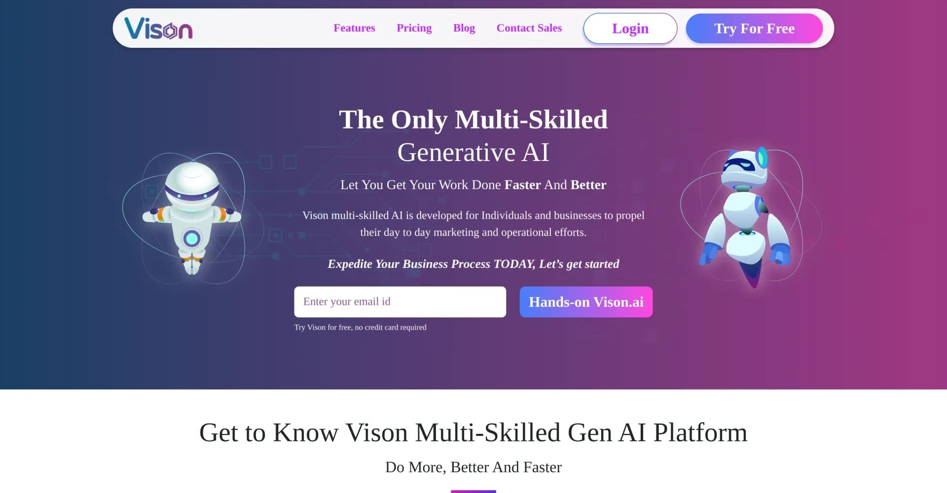 Vison AI homepage screenshot — Revolutionize business with multi-skilled AI.