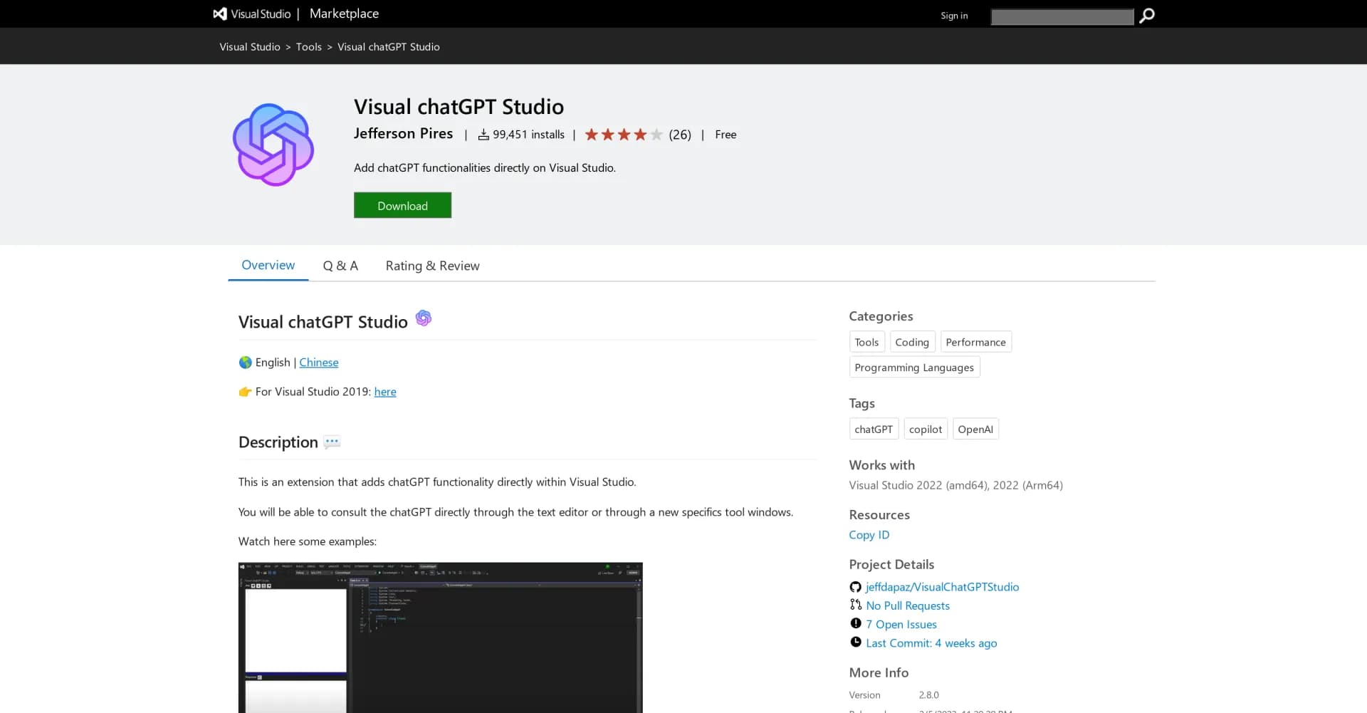Visual chatGPT Studio homepage screenshot — ChatGPT powers directly in Visual Studio.