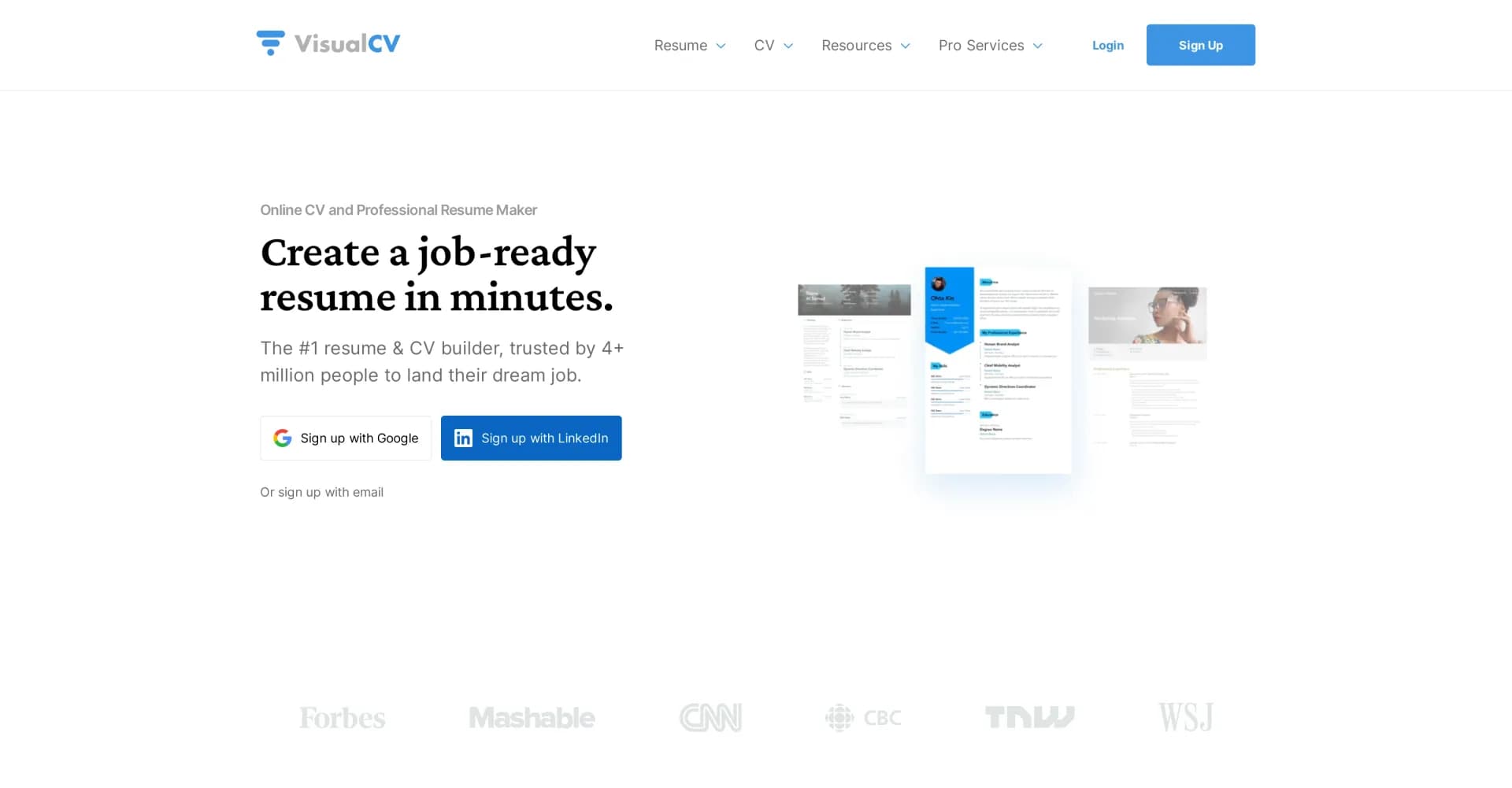 VisualCV homepage screenshot — Create stunning CVs and resumes in minutes