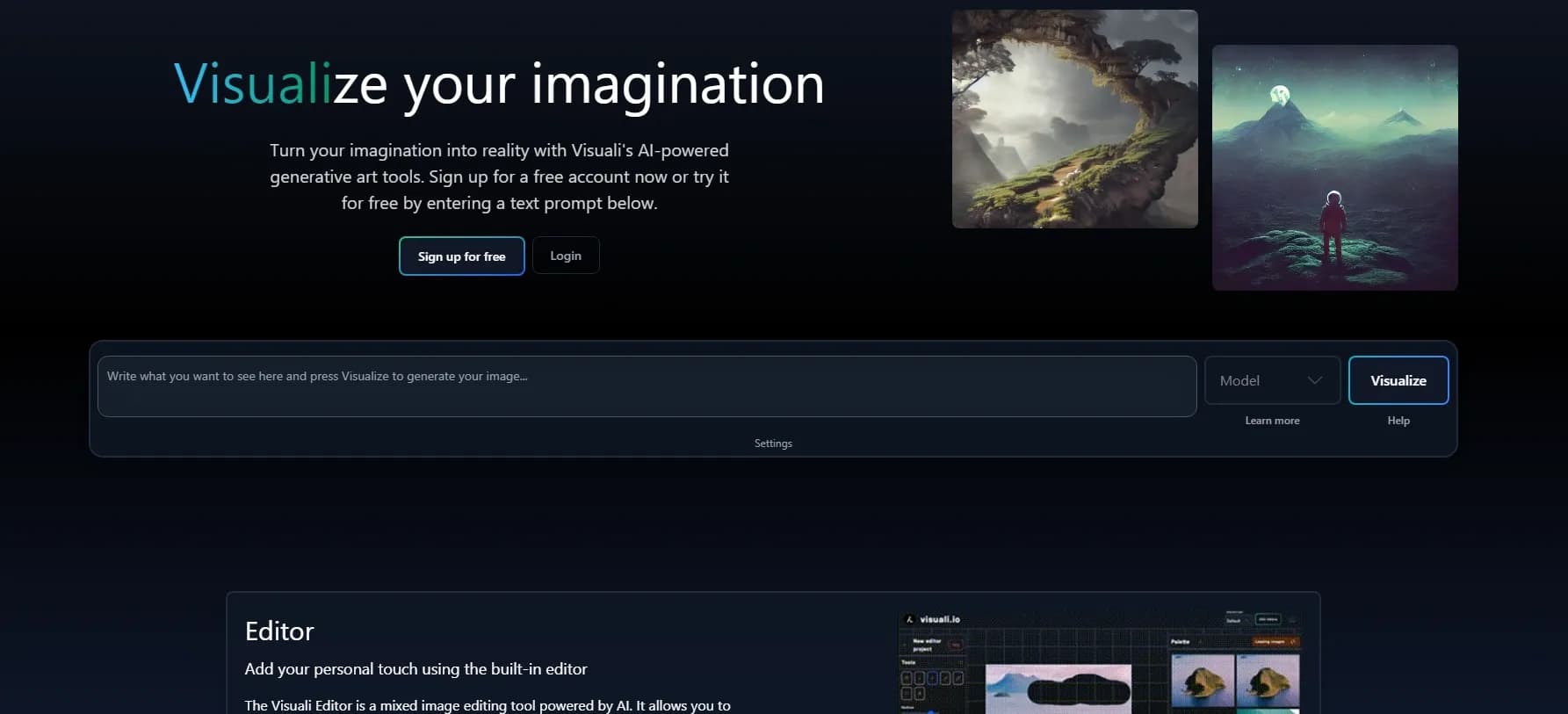 Visuali homepage screenshot — Turn text into images with AI.