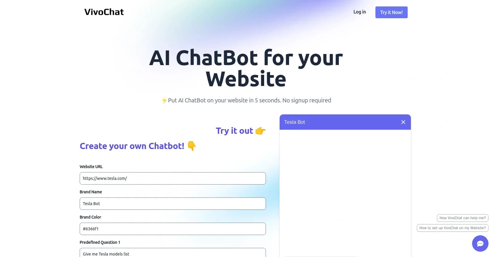 VivoChat homepage screenshot — Put AI ChatBot on your website in seconds