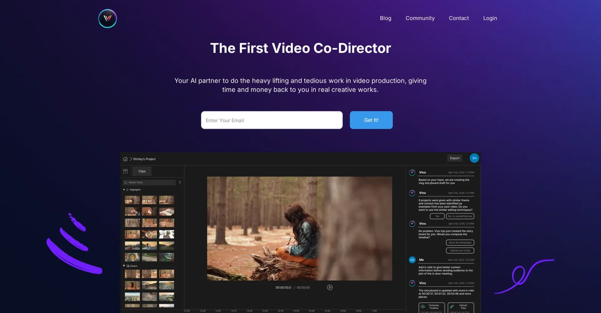 Vivu.ai homepage screenshot — AI video co-director for effortless production