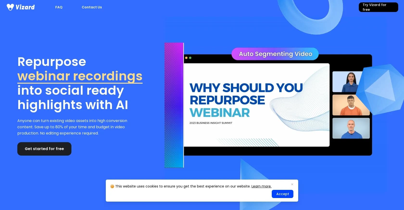 Vizard homepage screenshot — Create pro-grade videos from raw footage in minutes.