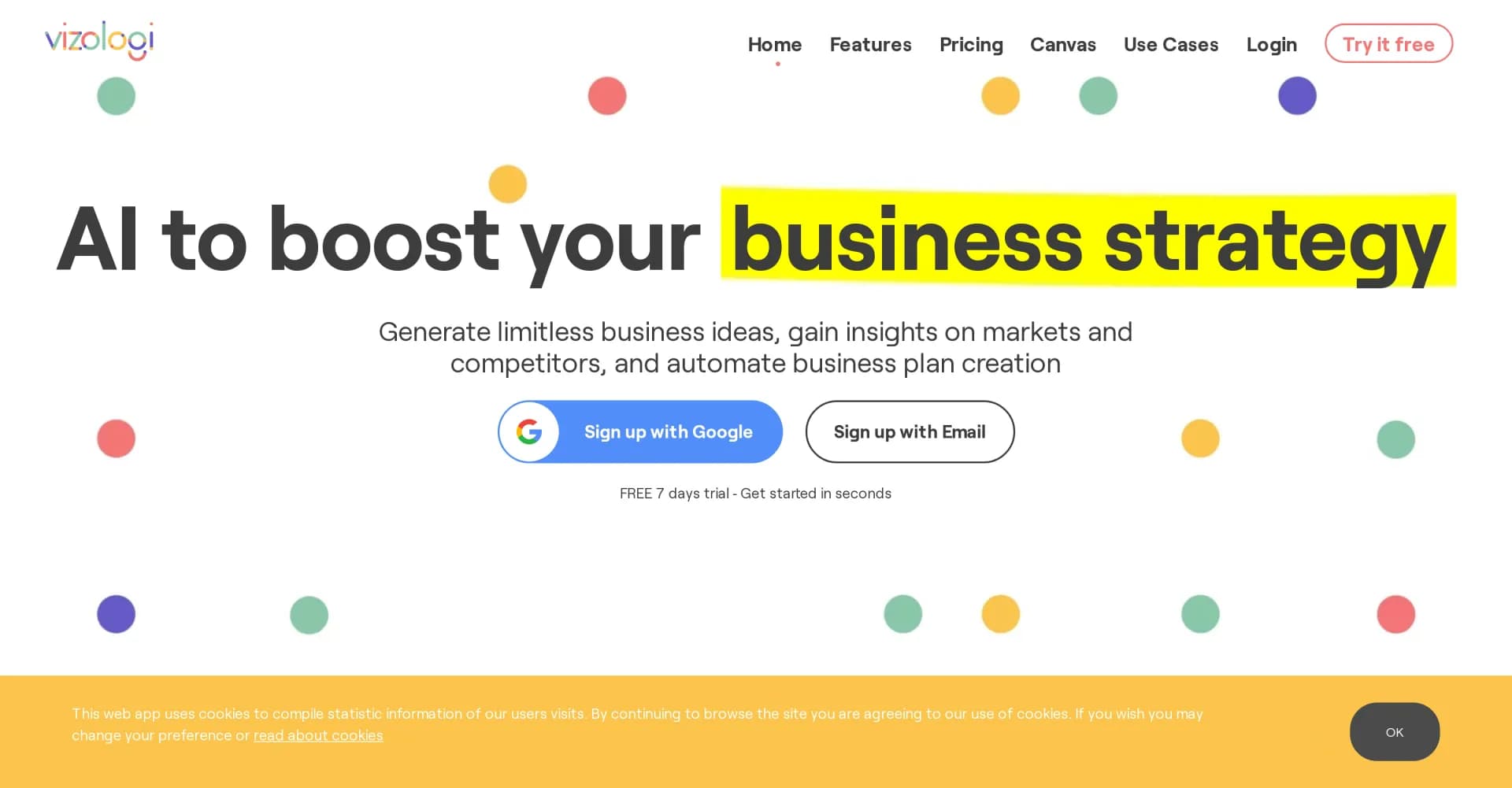 Vizologi homepage screenshot — AI to boost your business strategy.
