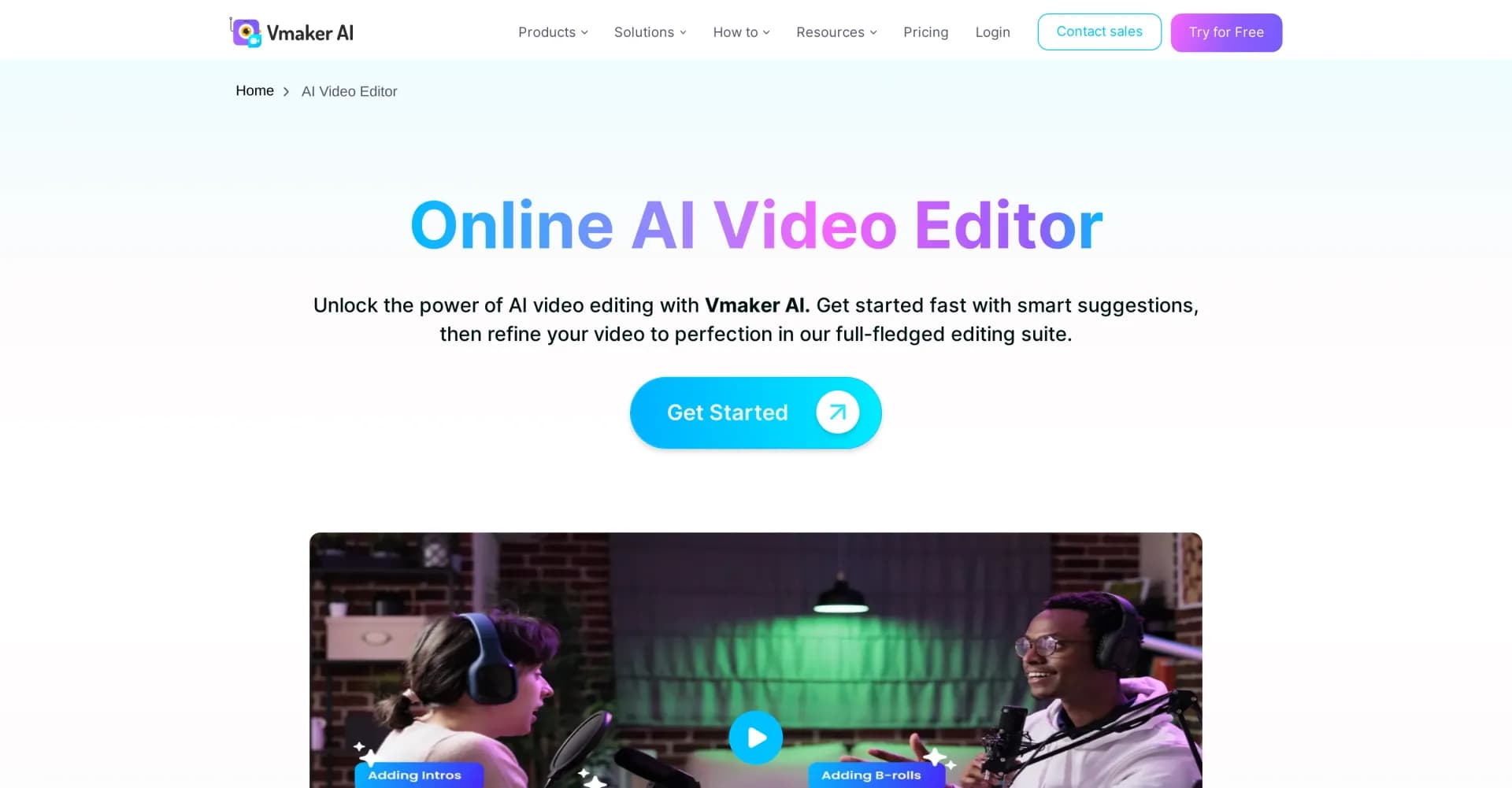 Vmaker homepage screenshot — Transform raw footage into pro videos with AI.