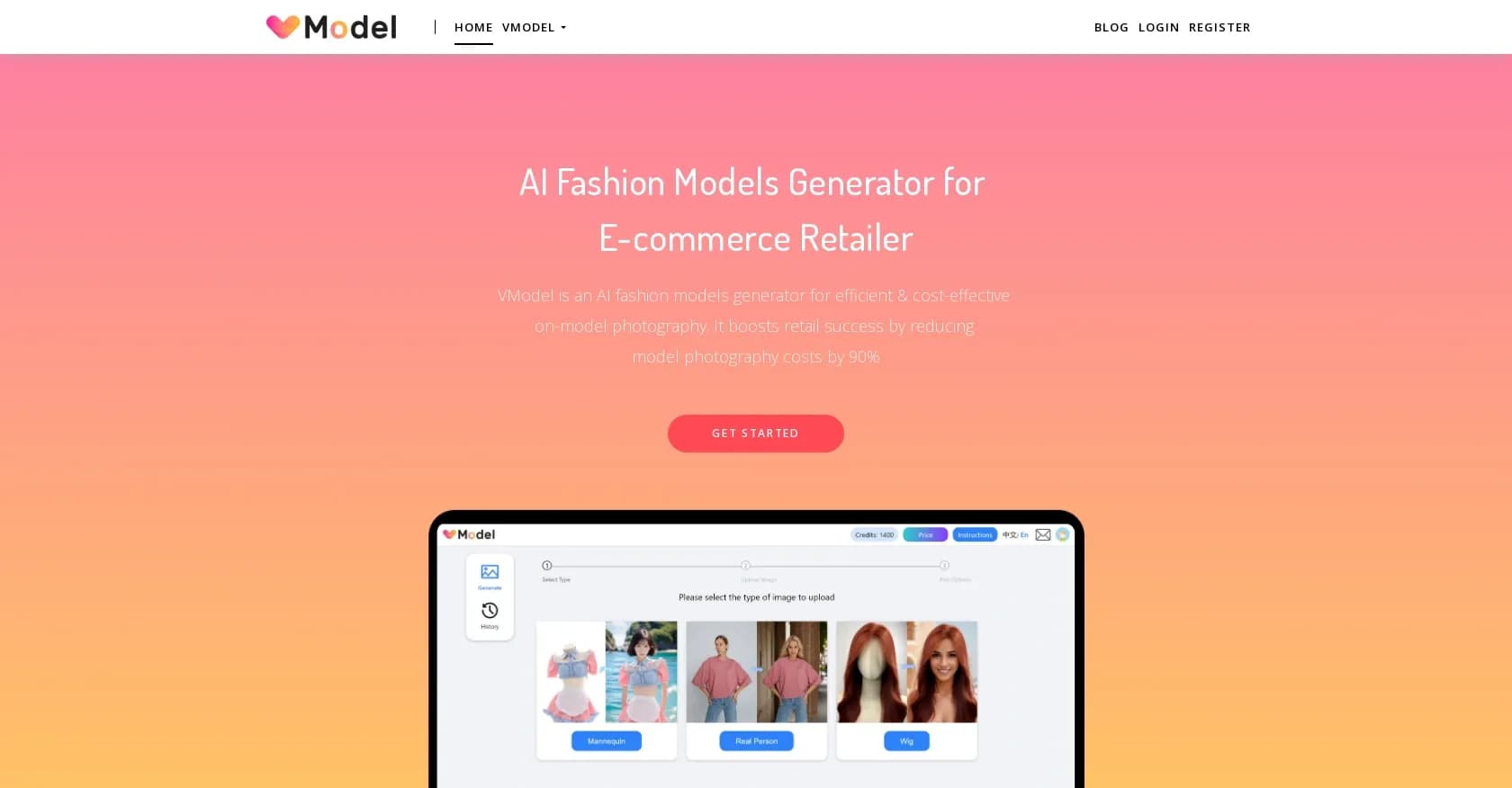 VModel homepage screenshot — Boost retail success with AI-generated fashion models