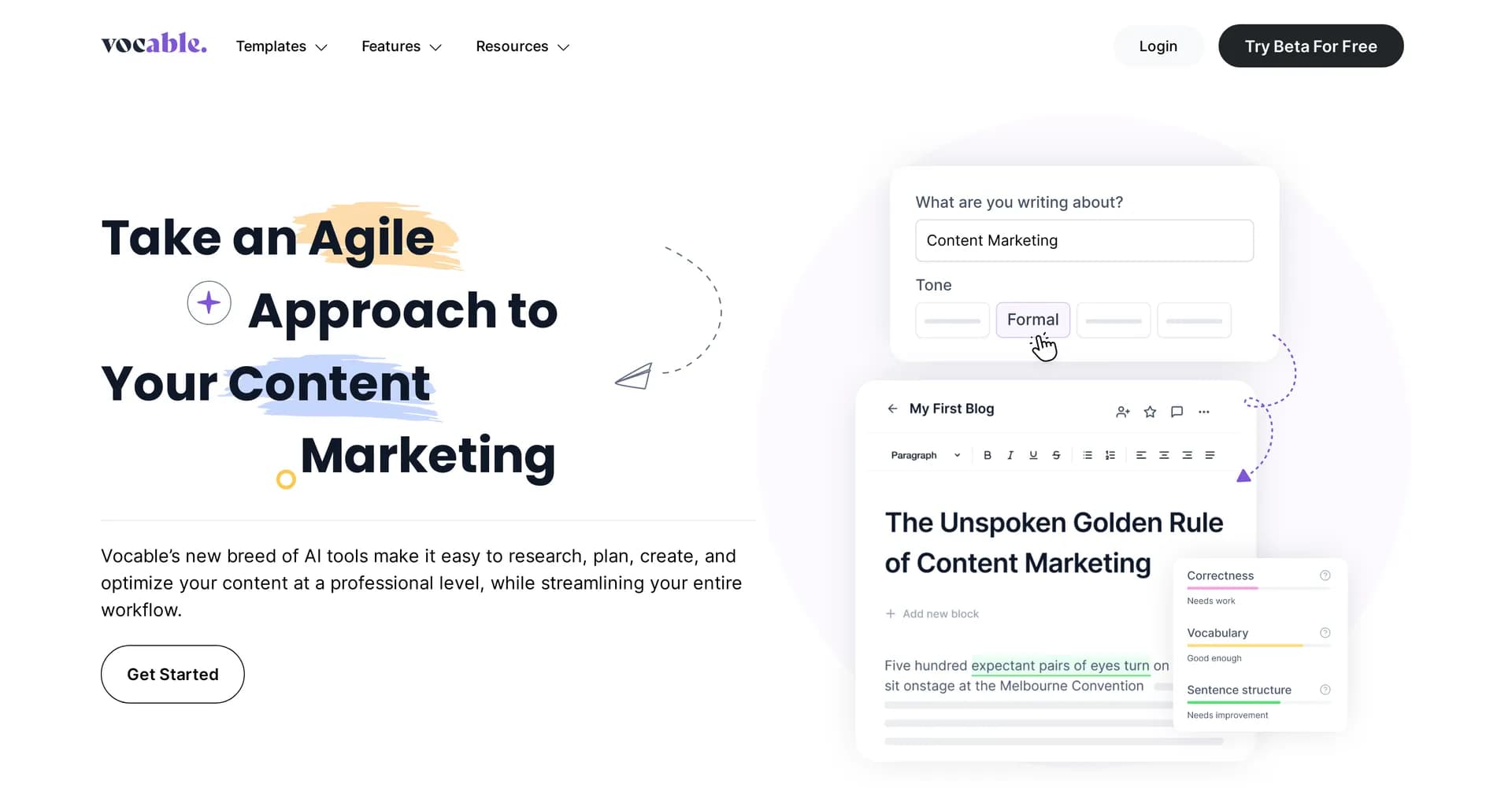 Vocable homepage screenshot — AI-powered content marketing automation