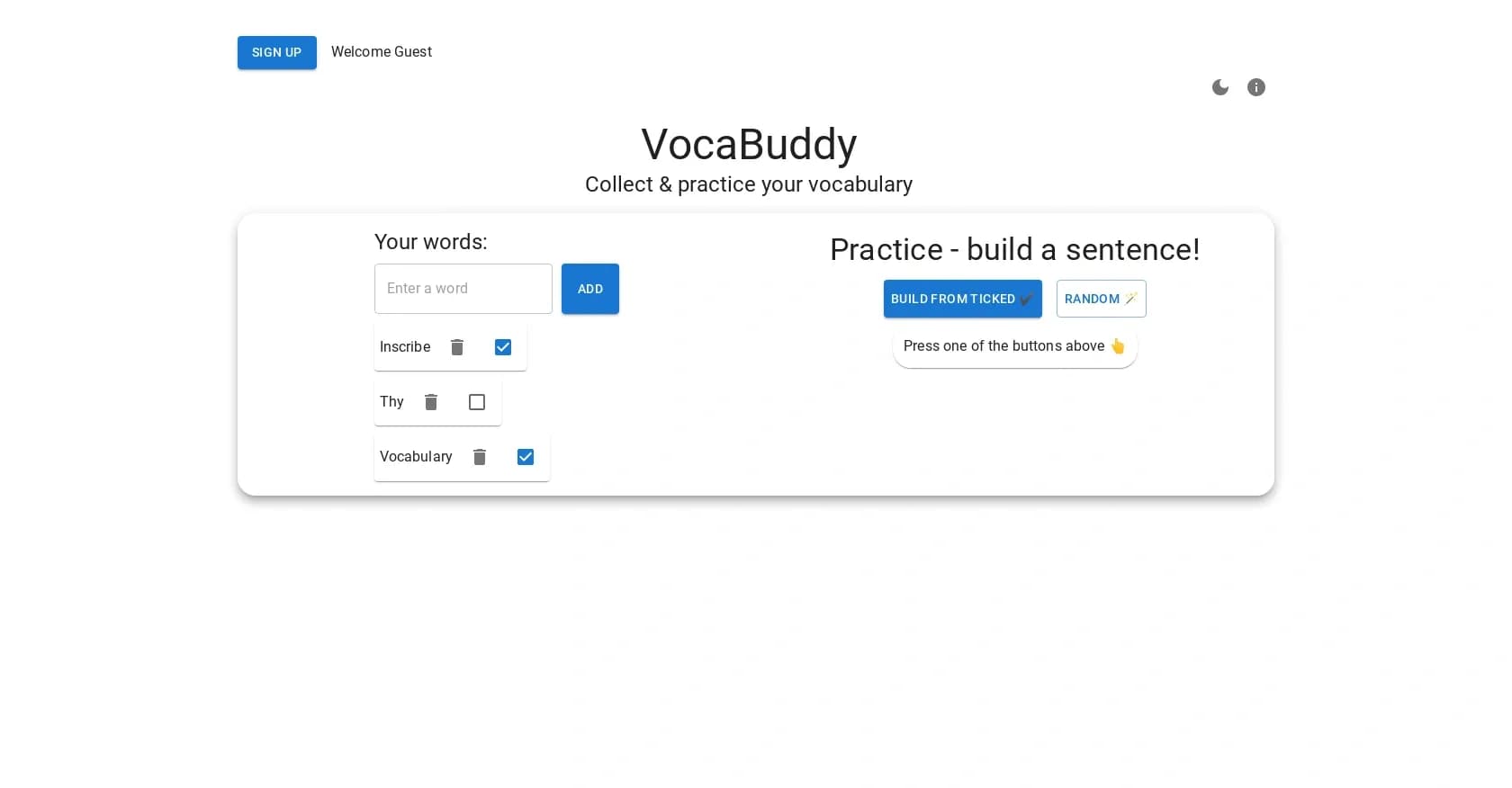 VocaBuddy homepage screenshot — Collect and practice vocabulary with ease.