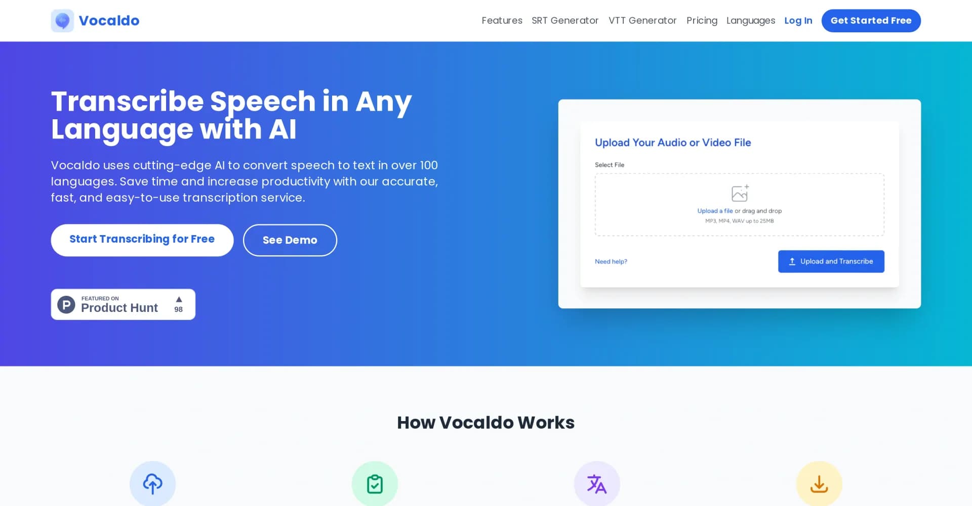 Vocaldo homepage screenshot — Convert speech to text in 100+ languages with AI.